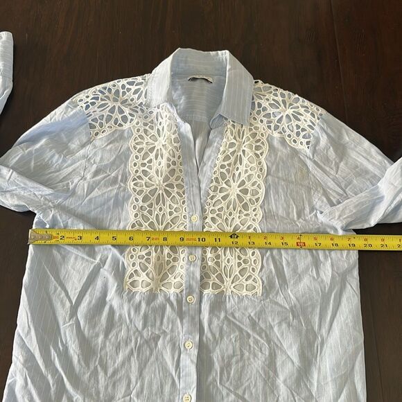 Sandro Blue White Strip Lace Insert Long Sleeve Button Down Blouse Shirt size 2 - Picture 12 of 15